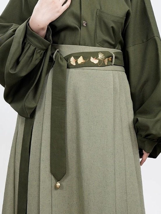 Chinese Green/Black/Light with Charm Style Motif Gray Waist Ginkgo Bell Belt Leaf