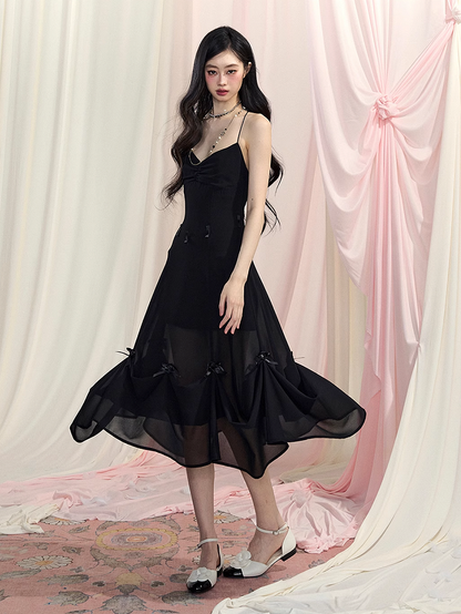 Black Halter Neck Dress Slip Ways Accents Two V-Neck Bowknot Chiffon Wear Backless