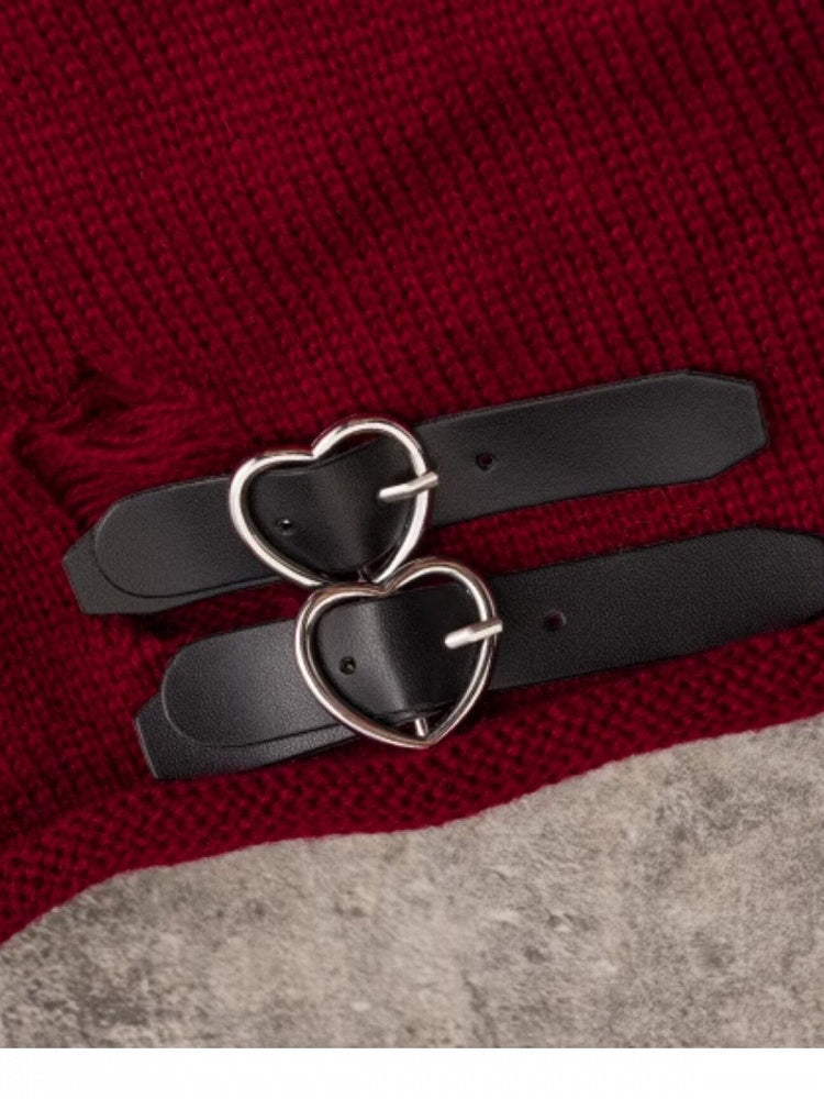 Dark Red Punk Ribbed Leg Warmers with Metal Buckle - Strange Sugar