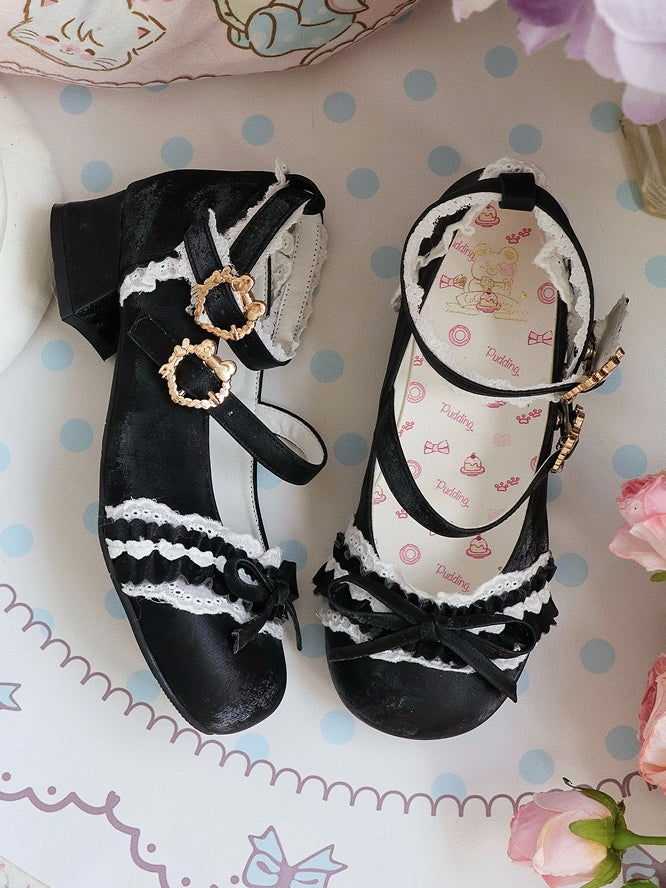 Bow Janes Romantic Low-heel Mary Black Heart PU Fastener Knot with in