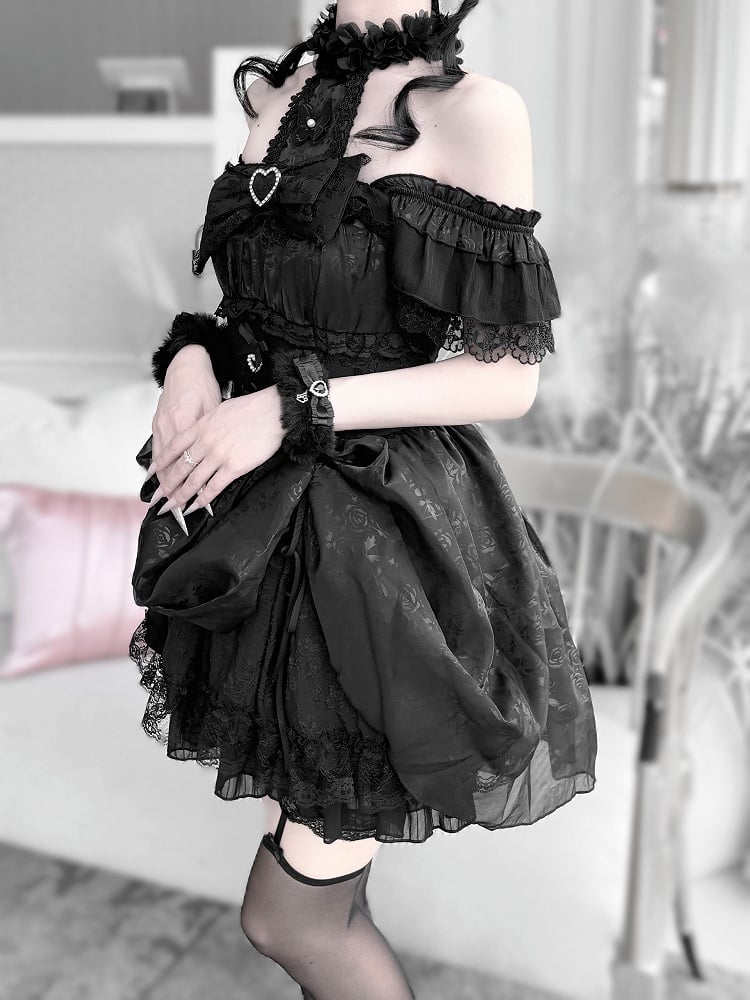 Rock mit Kordelzug in Schwarz/ Jirai Kei Abnehmbares Neckholder-Kleid-Design in Weiß