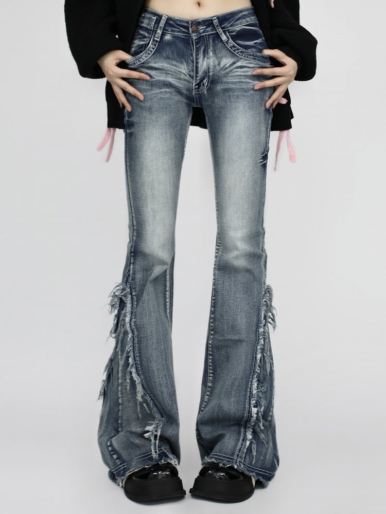 Fit Waist Cuffs- Blue/Black with Slim Raw Flared Vintage Jeans and Low Frayed