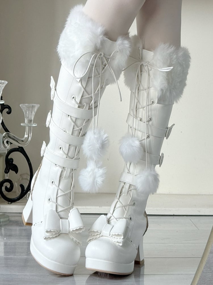Boots - PU Cuff Charm Plush Closure Mid-heel Lace-up Creamy Pompon Knee-Length in White with