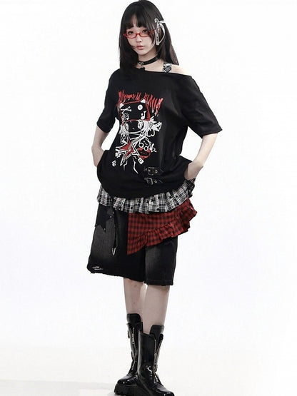 Black Asymmetrical Shoulder T-Shirt with Cartoon Print & Plaid Tie - PINK SAVIOR