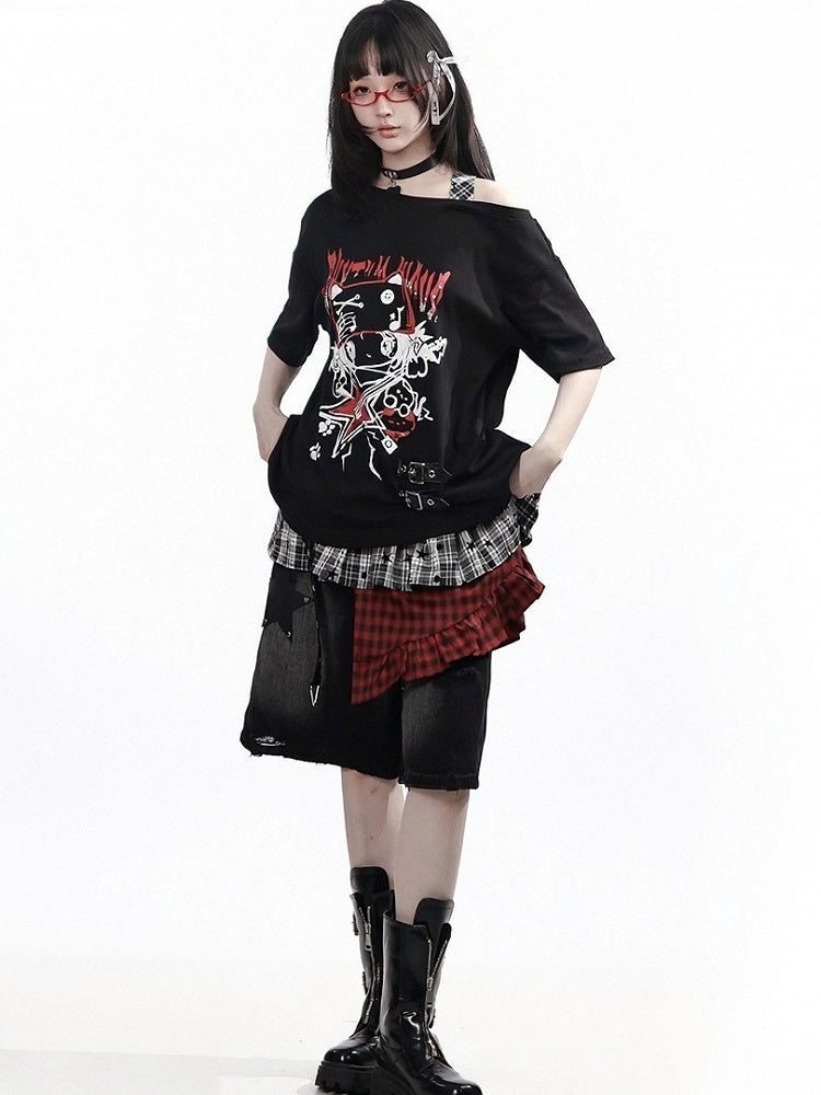 Red & Black Asymmetrical Plaid Skirt Overlay - PINK SAVIOR