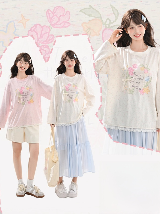 ラウンド型のスイートフローラルプリントレーストリムベージュ/ピンクネックトップ