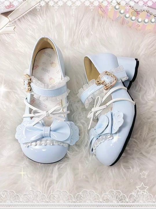 Lace Mary Shoes PU Ruffled in with Jane Details Mid-heel Blue