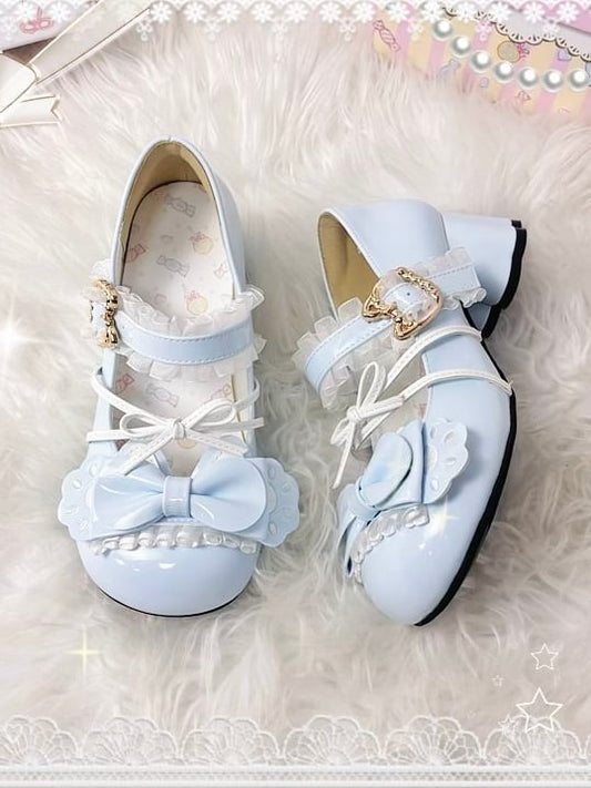 Lace Mary Shoes PU Ruffled in with Jane Details Mid-heel Blue