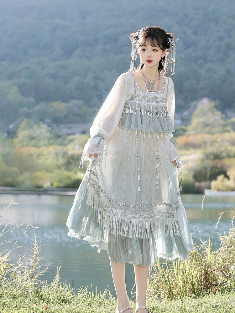 Square Neck Long Sleeve Han-Element Top in Light Blue with Tassel Dress Combo - Han Ru Chu Hanfu & Han-Element Studi