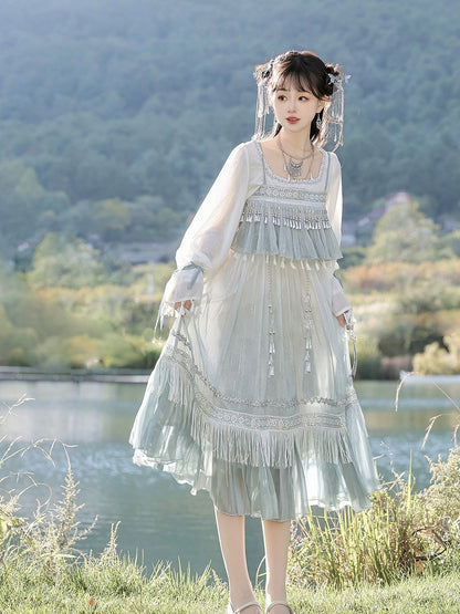 Square Neck Long Sleeve Han-Element Top in Light Blue with Tassel Dress Combo - Han Ru Chu Hanfu & Han-Element Studi