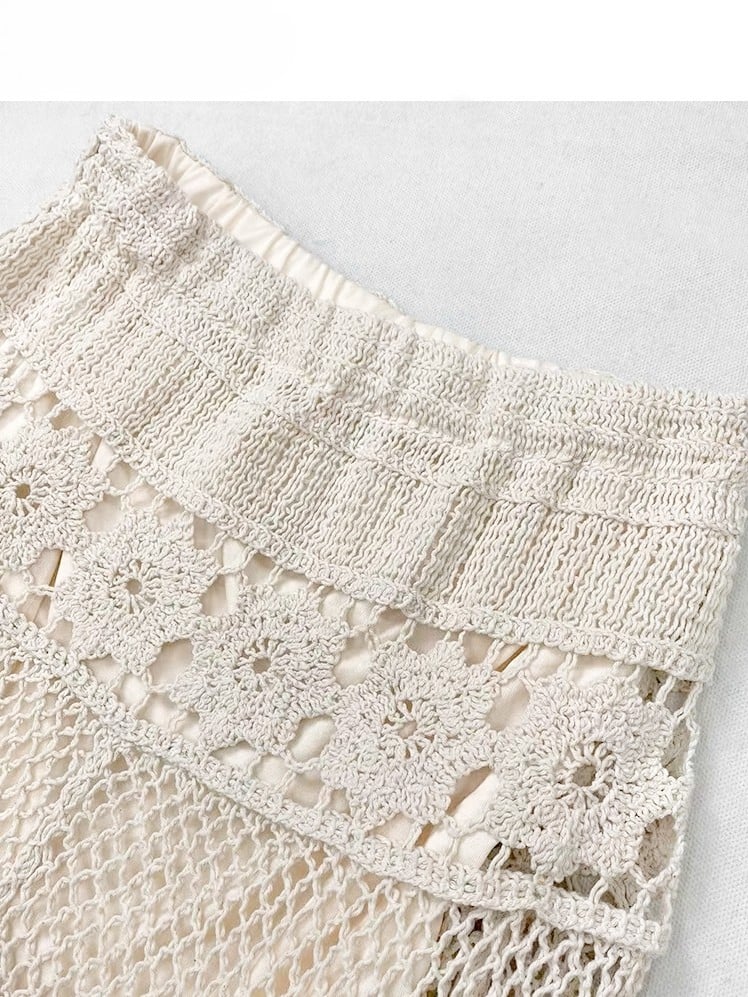 花柄ドレス ホワイト アシンメトリー イエロー ベージュ ホリデーセット - 透け感のある刺繍 + スカート裾