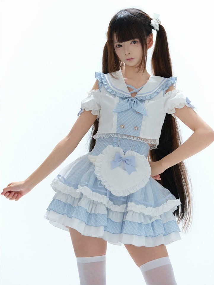 Azure Sailor Collar Blouse with Ruffled Cutout Sleeves - Puppet Bombs