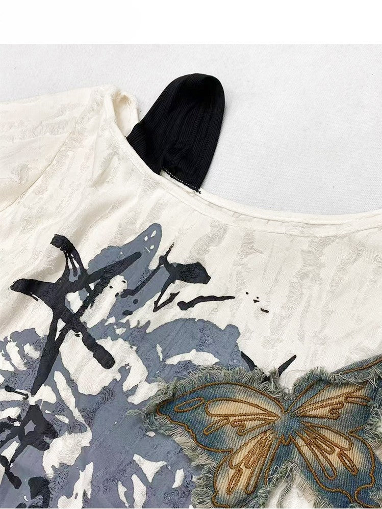 蝶の白いかわいいネックラインアップリケのほろ苦いTシャツ非対称