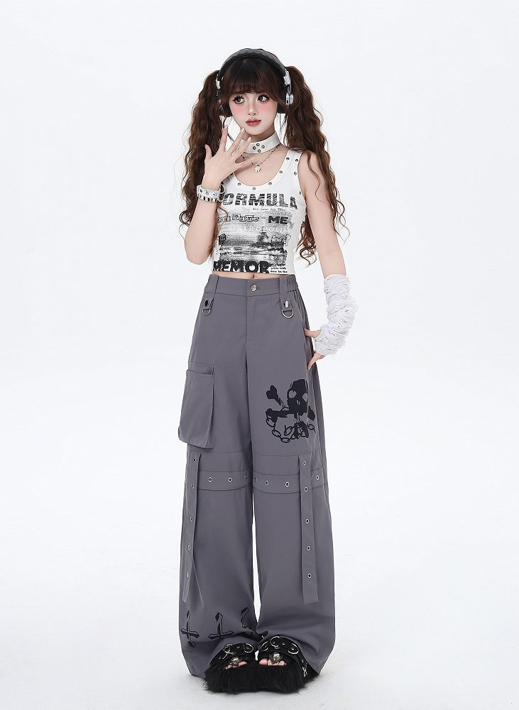 Wide-Leg Pants Black/Grey/Pink and Cross Print Pockets Cargo Skeleton