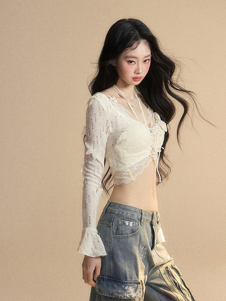 花飾りレースアプリコットベルスリーブバタフライセットクロップドトップグラマラストップ