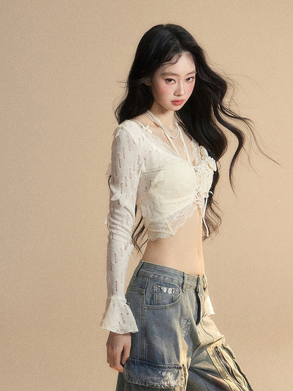 花飾りレースアプリコットベルスリーブバタフライセットクロップドトップグラマラストップ