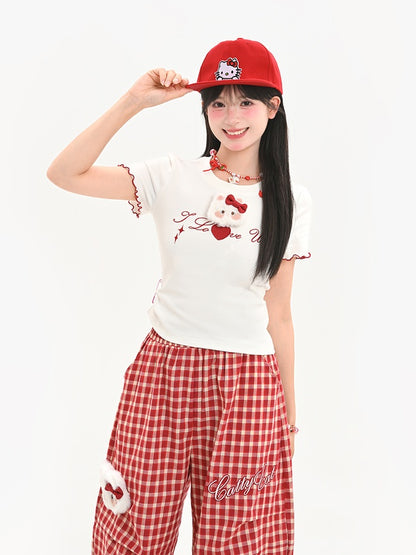 レースアップバック プラッシュキティ レタスヘム ホワイト Tシャツ