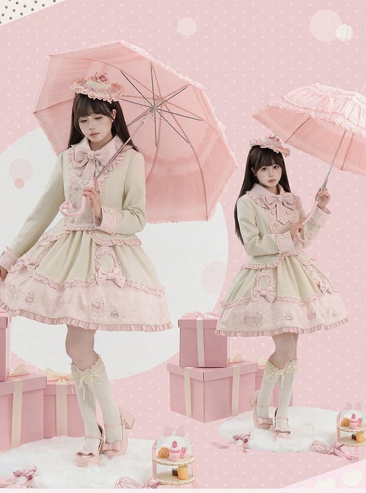 Sweet Pink Beige Adjustable Strap Skirt with Heart Bow Details - U.Rtto