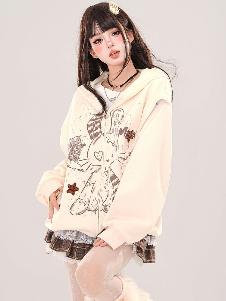 Apricot Rabbit Bear Ears Loose Zip Hoodie