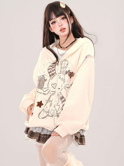 Apricot Rabbit Bear Ears Loose Zip Hoodie