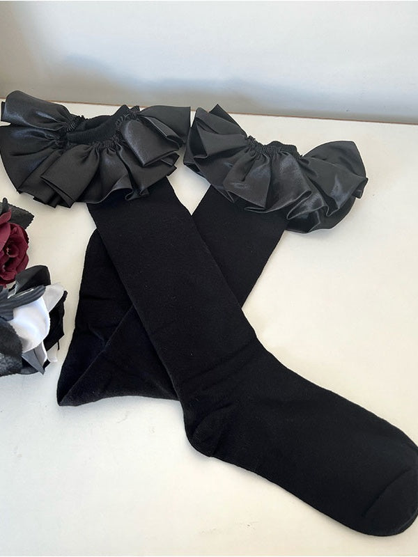 Black/White Satin Ruffled Trim Calf Socks