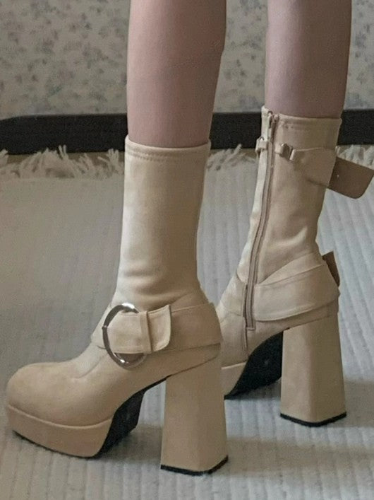 Square Buckle - High Lolita Accents Inner Khaki Boots Heel Platform Mid-calf Toe Block with Zip