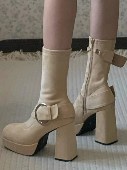 Square Buckle - High Lolita Accents Inner Khaki Boots Heel Platform Mid-calf Toe Block with Zip
