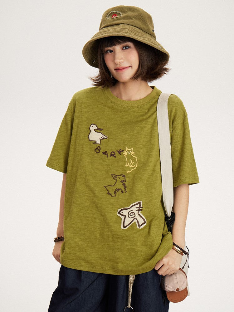 Decoration Patch T-shirt Animal Green Kawaii with Embroidery