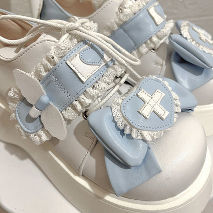 Tenshi Kaiwai Light Blue Yami Kawaii Cross Bowknot Lace-up Detail Platform Shoes