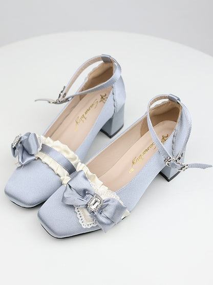 Elegant in Blue Janes Ruffle Loltia Toe Crystal Mary Bow Edging Mid-heel Satin with Square Embellished
