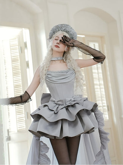 Cowl Spaghetti Kleid Elegante Taillenträger Entbeint Lolita JSK Set Voller Ausschnitt Grau