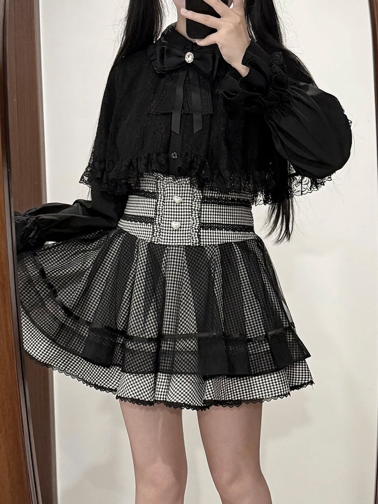 Tiered Kei - Button Black Heart Skirt Jirai White High-Waist Plaid Design Detailed