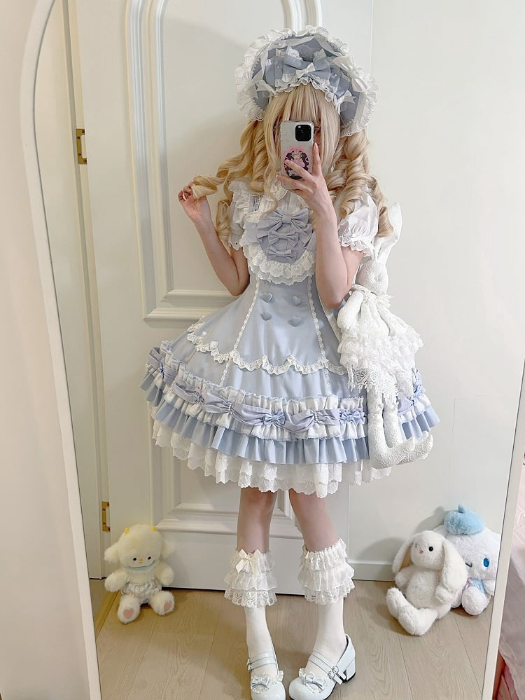 Layered Ruffle Old Bows White and Blue Decorated Sweet Hemline