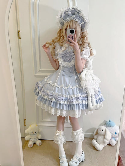 Layered Ruffle Old Bows White and Blue Decorated Sweet Hemline