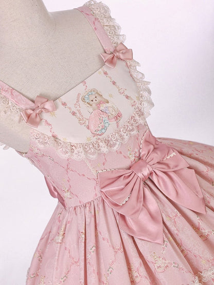 Sweet Pink Doll-Themed Lolita JSK with Bow Accents and Toy Bed Print - Alice Girl