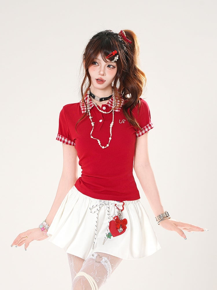 Preppy Style Red/Navy Polo Collar Slim-fitting T-shirt Blue