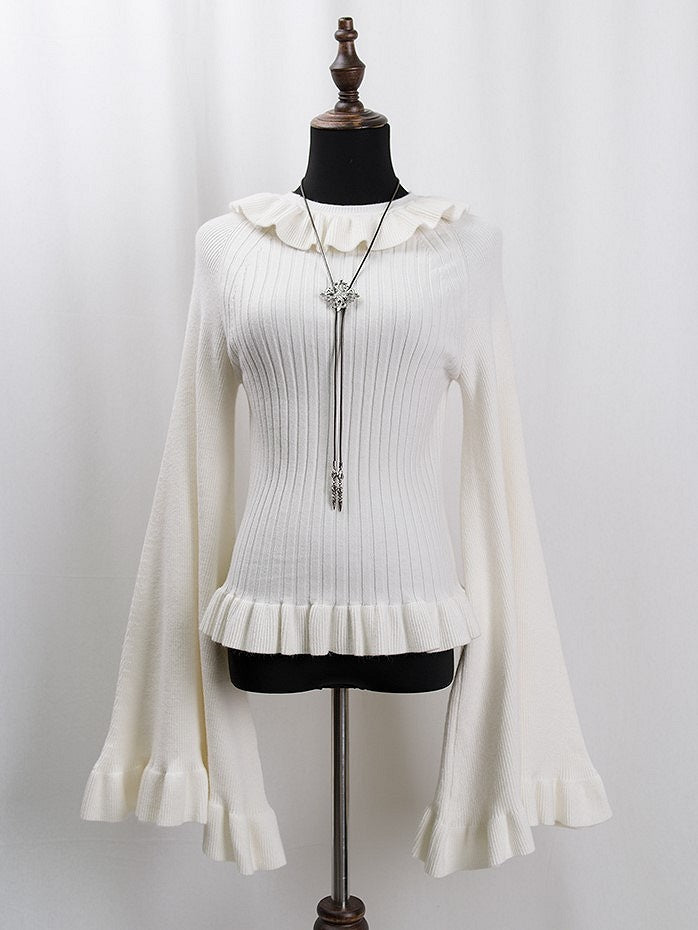 Top Bell Knit Beige and Lolita Ruffled Sleeve Collar Cuffs
