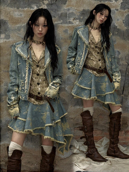 Vintage Punk Blau gewaschene Jeansjacke