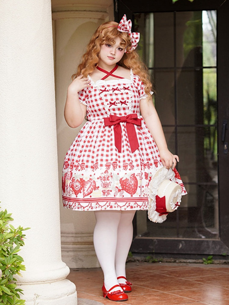 Dress Red Size Bow Gingham Lolita and Print Plus Strawberry