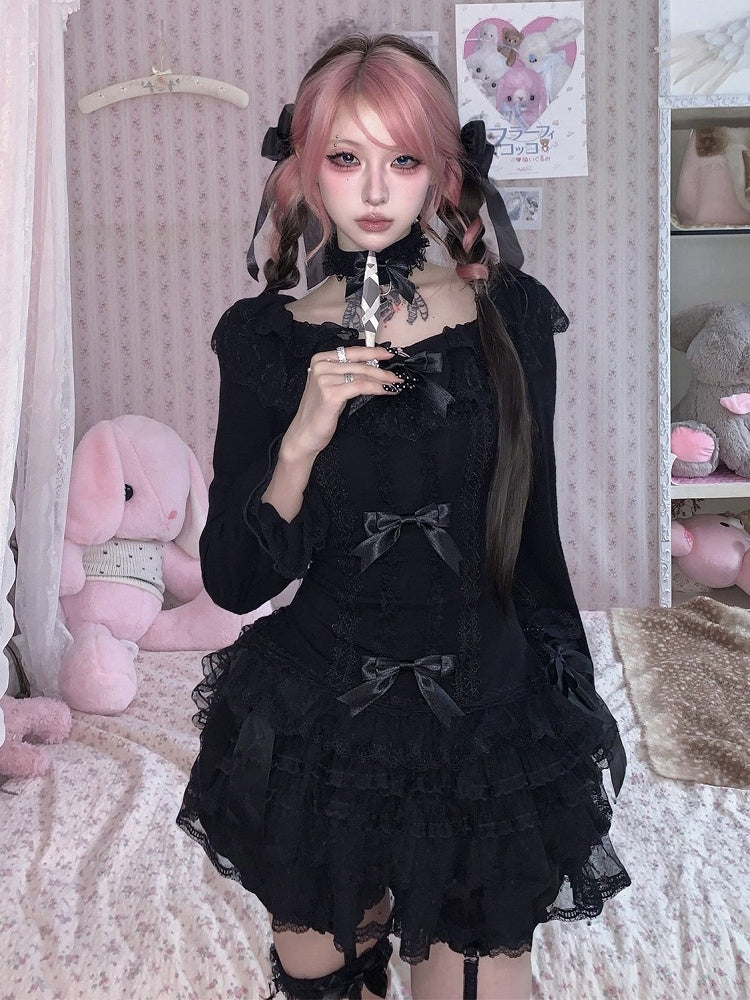 Autumn Dark Fashion Long-Sleeve Top with Black Lace & Bow Decor Plus Matching Choker - HBreaker