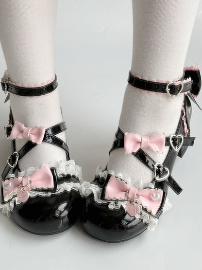 - Black PU Sweet Lolita with Details Leather Bow Janes Mary