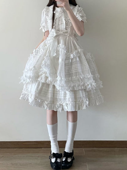 Ivory Checkered Frilly Bow Lolita Jumperdress