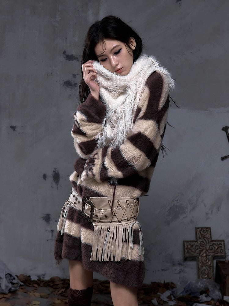 Fringe Vintage Punk Scarf White Long Faux Triangle Mink Y2K