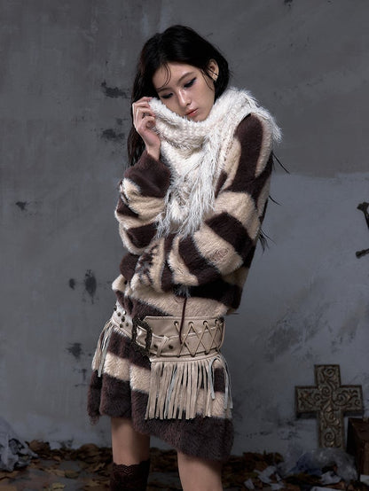 Fringe Vintage Punk Scarf White Long Faux Triangle Mink Y2K