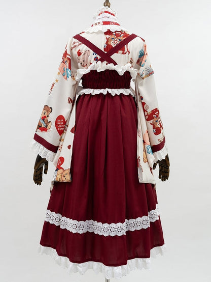 + Design Print Trimmed Set Wa Lolita Bear Beige Lace Top Crossover Dress JSK Red