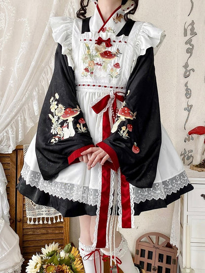 Mushroom OP Black Crossover + Ausschnittstickerei und Bunny Schürze Han Lolita