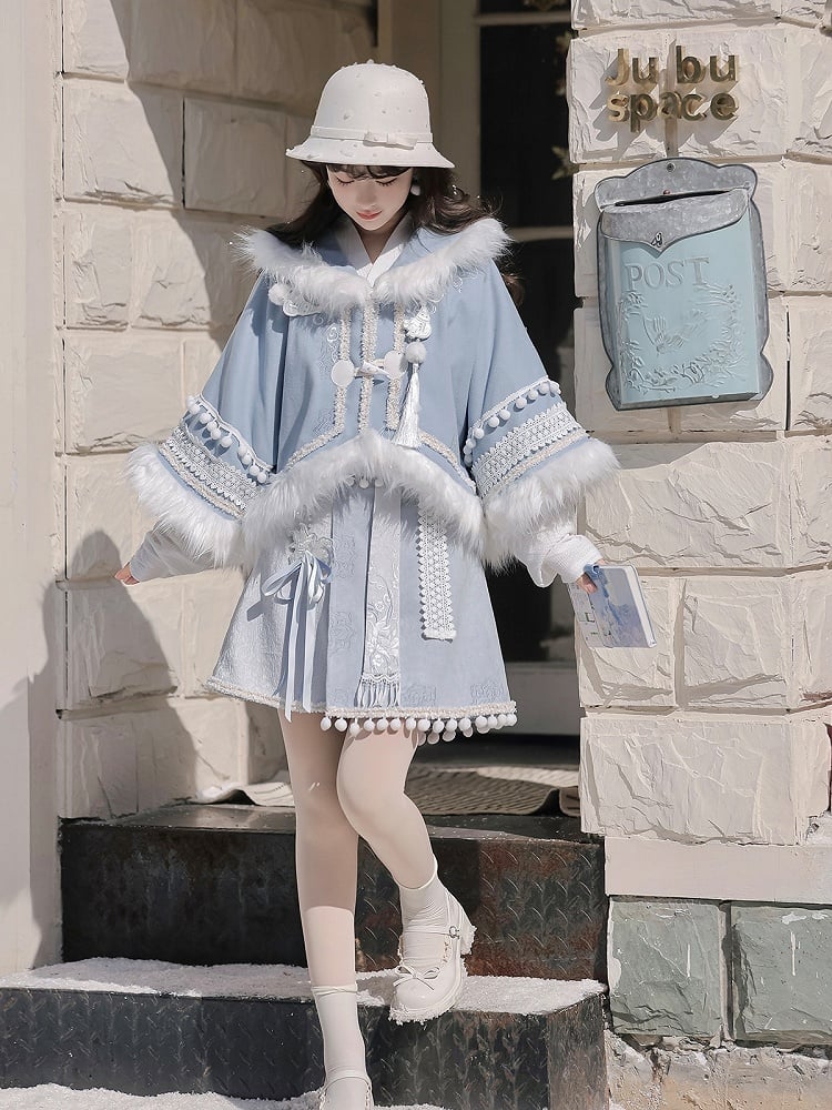 Chinese Style Plush Coat in White and Blue with Pom-pom Embellishment - Han Ru Chu Hanfu &amp; Han-Element Studi