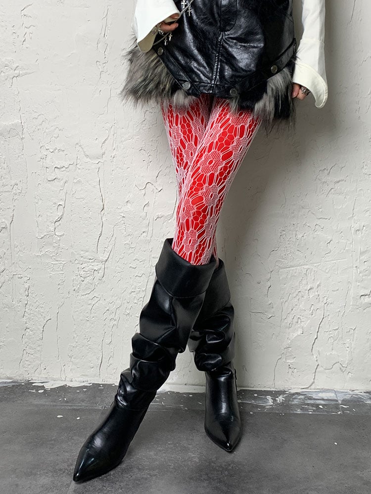 Y2K White Floral Print Openwork Tights