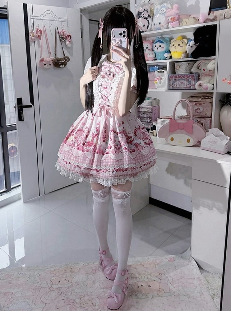Pink Bunny and Cherry Print Short-Sleeve OP Dress with Matching Skirt - Doki Cherry