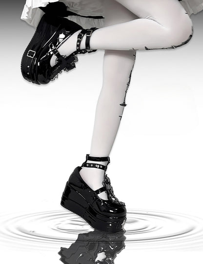 Polished Black Gothic Lolita Lace Trim Cross Platform Shoes
